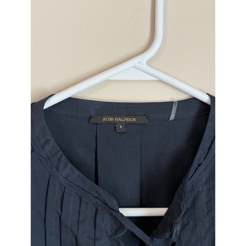 Kobi Halperin Eyelet Bell Sleeve Blouse Womens Small Navy Blue Pintuck Tassel - Picture 6 of 10
